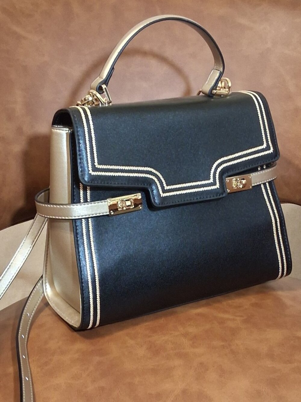 EUC Black & Champagne Top Handle Satchel Crossbody Purse Gold Hardware